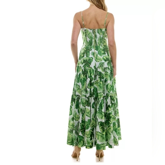 Taylor Green Leaf Pattern Maxi Dress Square Cotton Lined Smocked Back Size 10 L - Picture 8 of 9